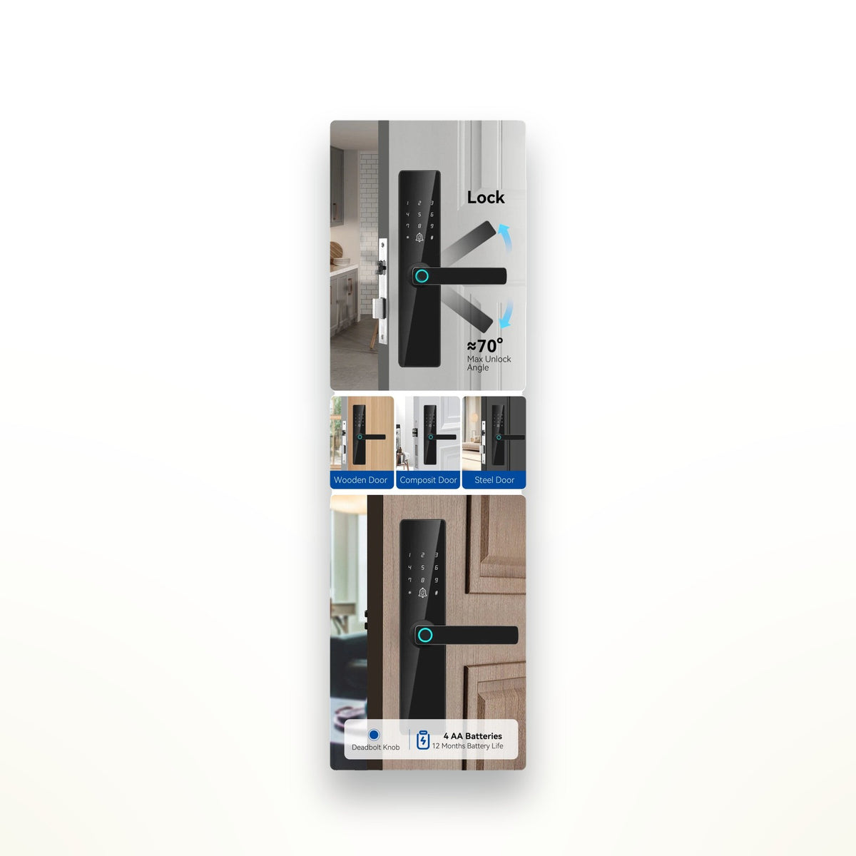 Smart door lock with fingerprint, code, card and key – view 2