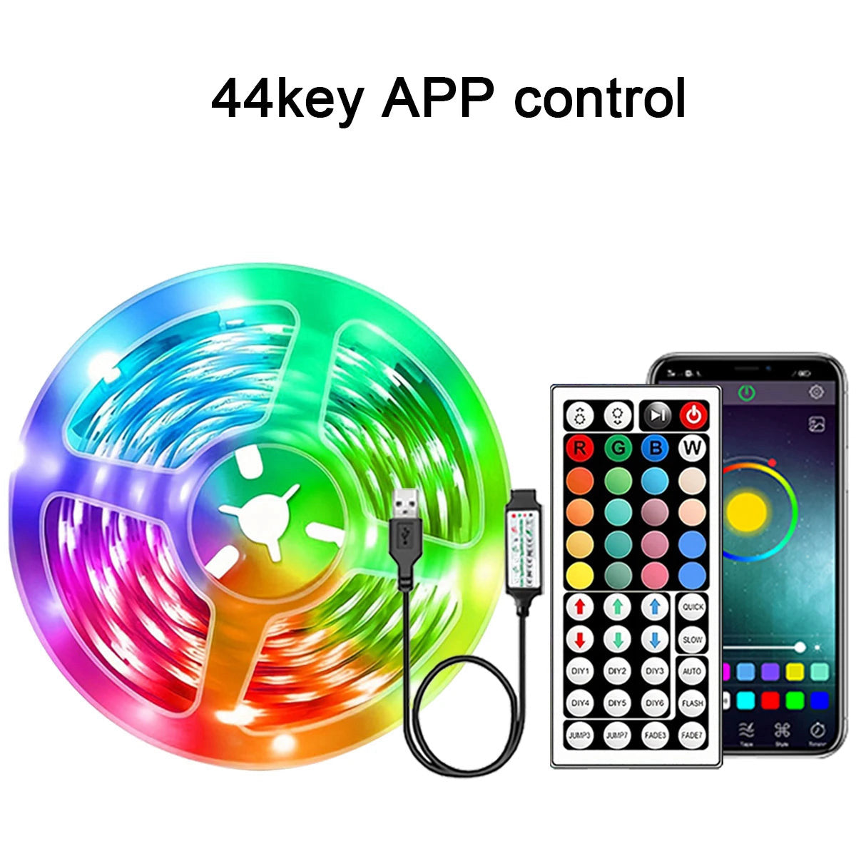 USB RGB LED strip with remote or app, 0.5–30 m