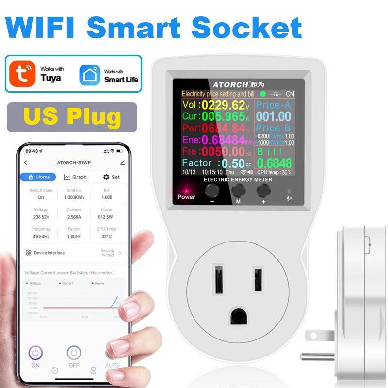 Wi-Fi energy meter smart socket, 16 A, Tuya (US)